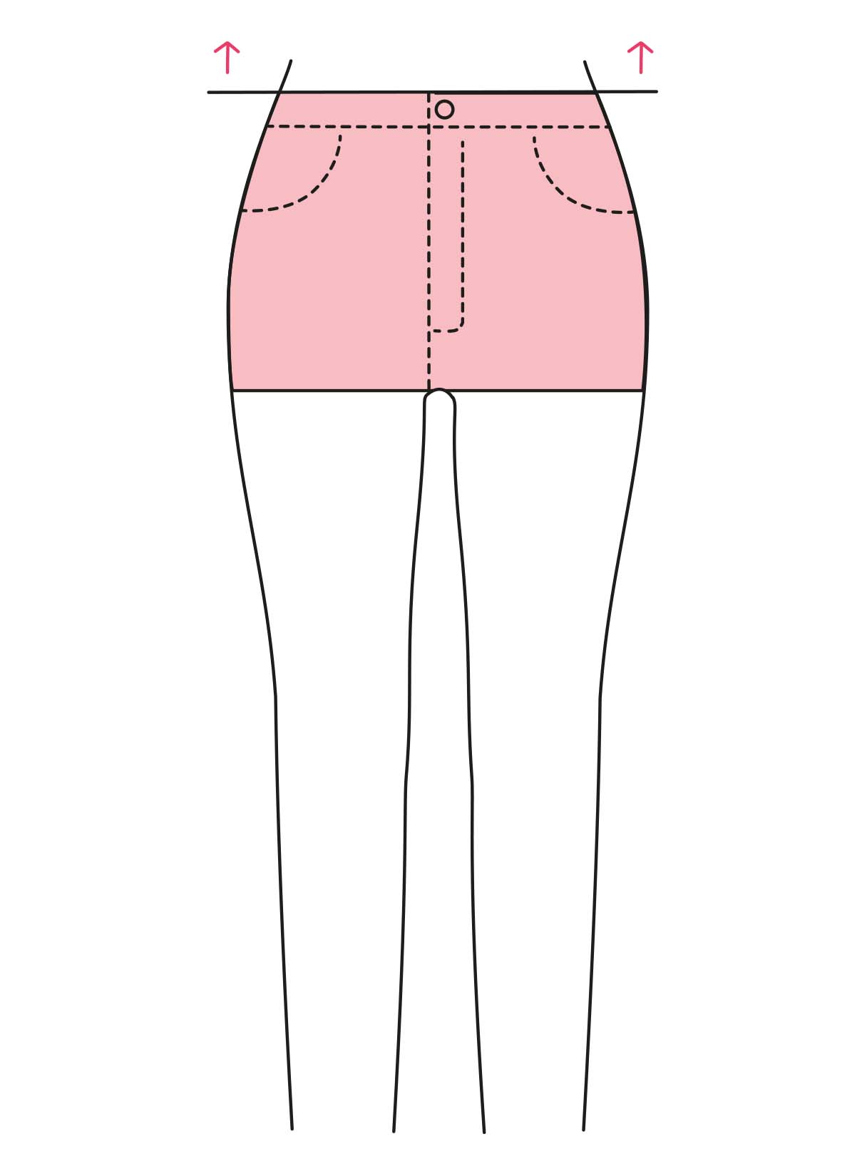 Zeichnung von einer Hose mit angedeuteter Leibhöhe oberhalb des Bauchnabels.