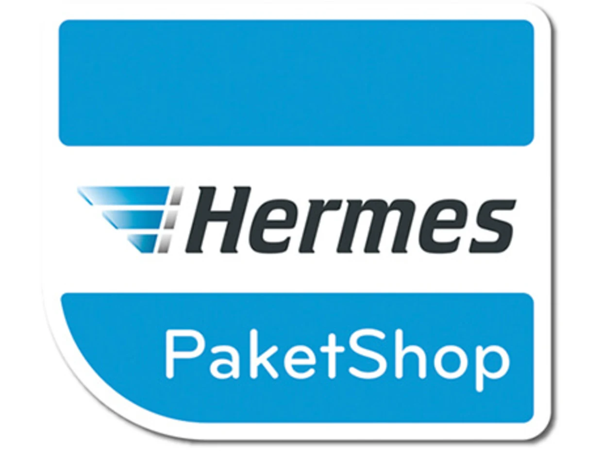 Logo eines Hermes PaketShops mit blauem Hintergrund und weißer Schrift. Logo eines Hermes PaketShops mit blauem Hintergrund und weißer Schrift.
