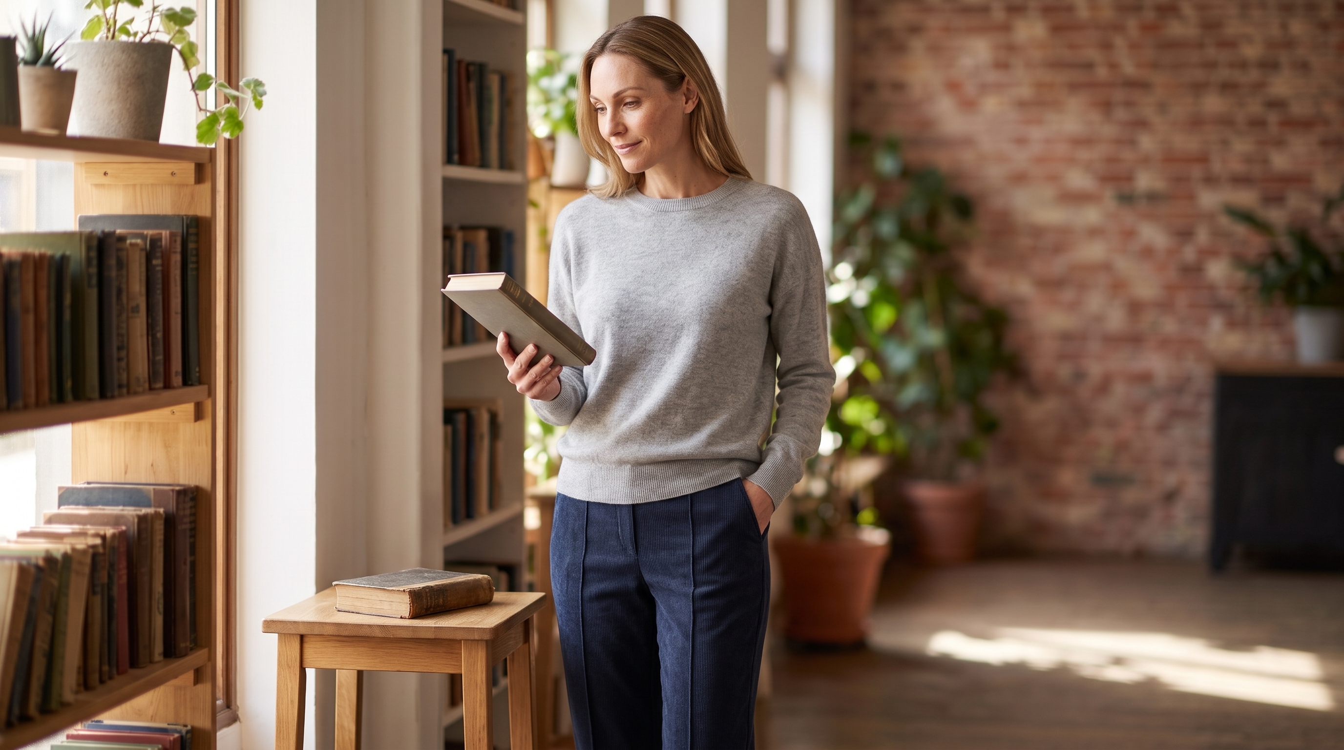 Damenoutfit mit Biesenhose, Bluse und Cardigan bei einem entspannten Familientreffen