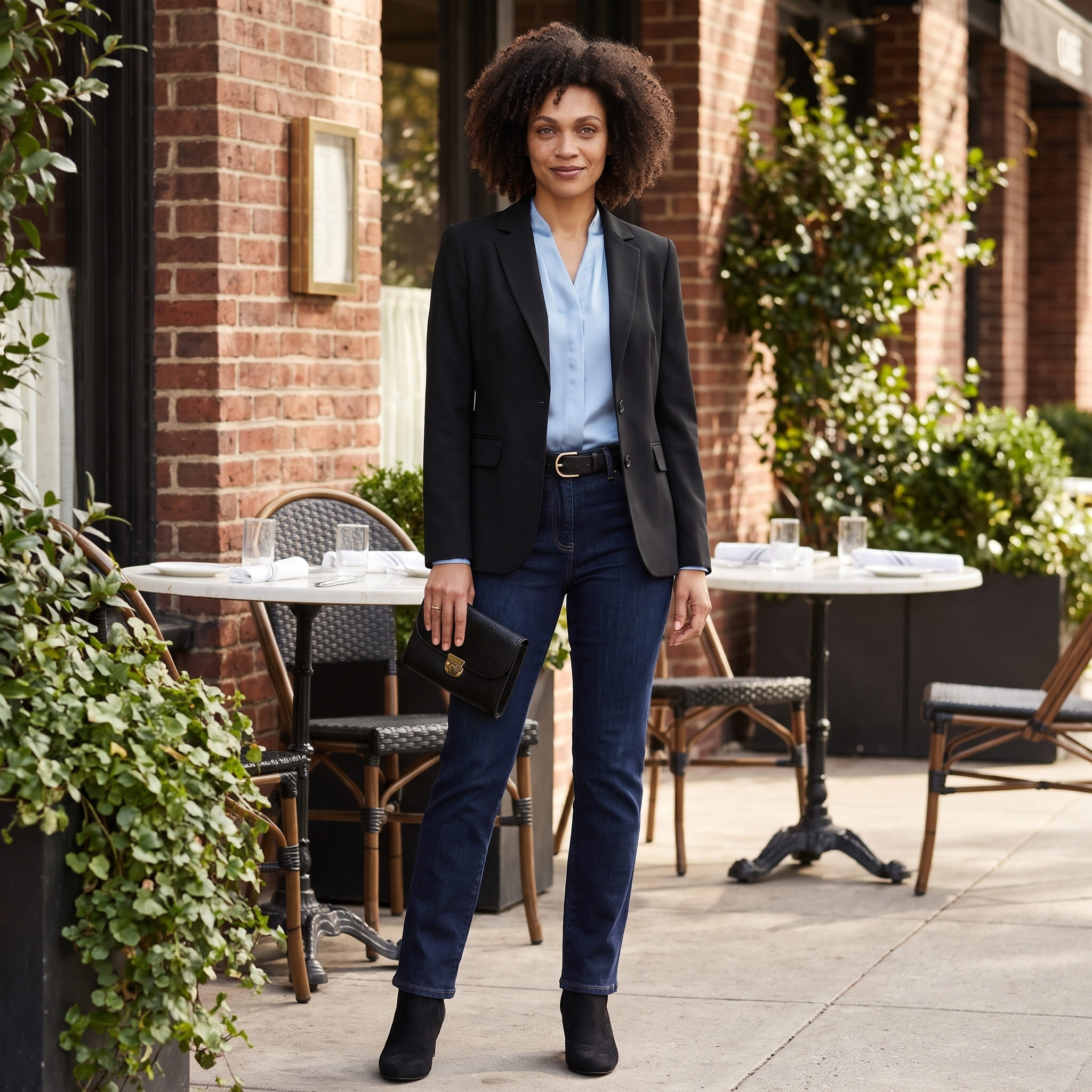 Blazer in gedeckter Farbe mit heller Hose