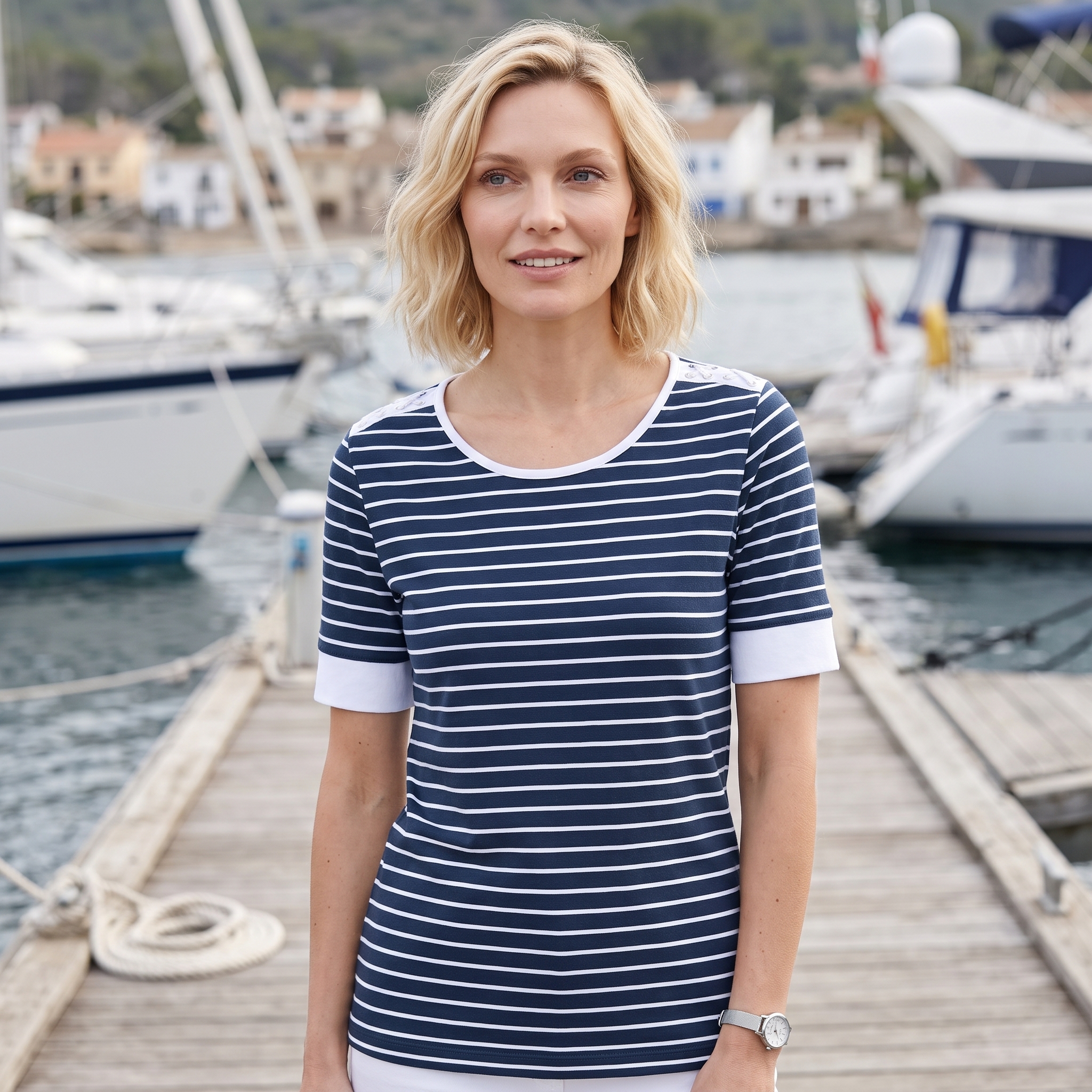 Marineblaue Bluse mit rotem Tuch an einer Promenade
