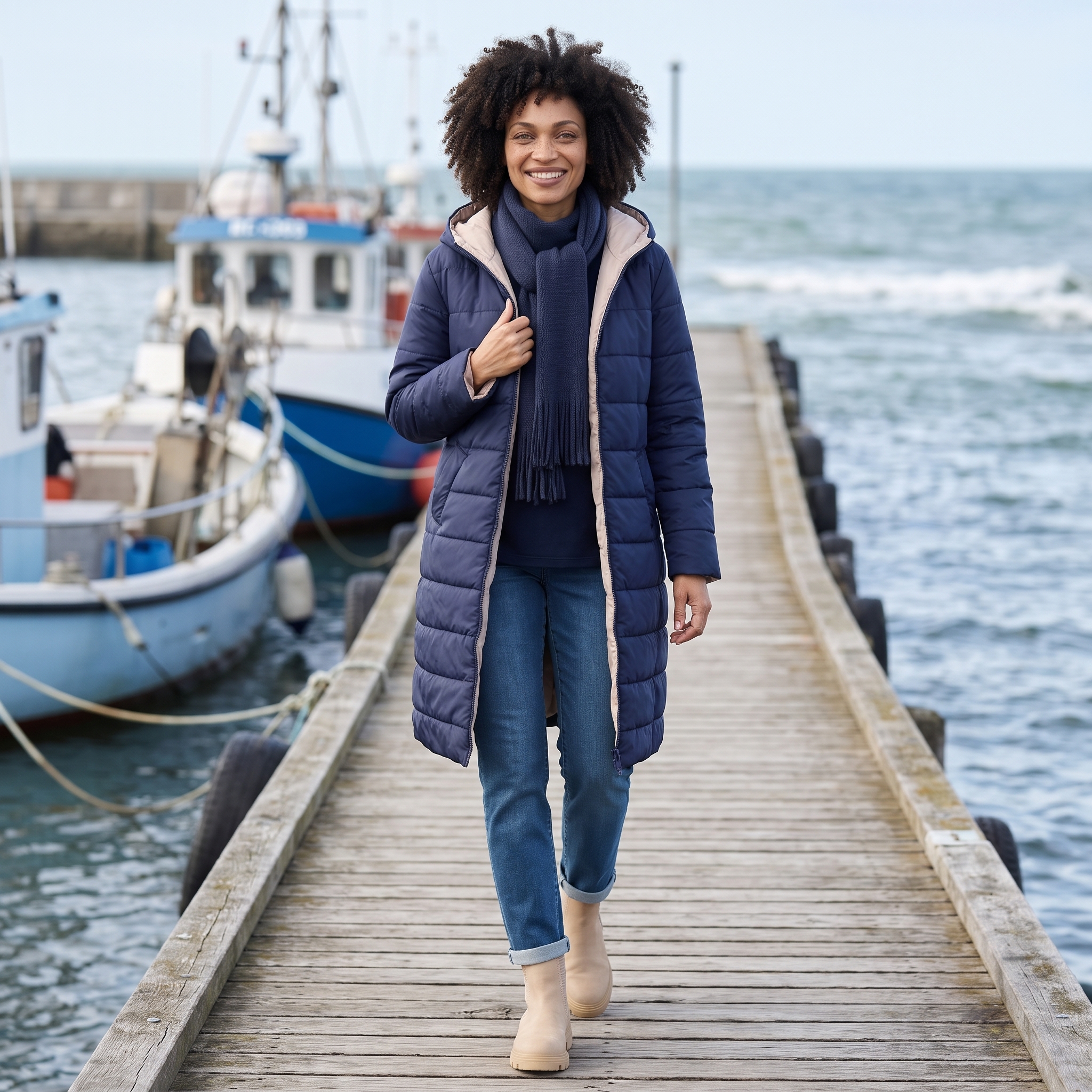 Frau mit leichter Strickjacke über einem maritimen Oberteil bei einem Spaziergang