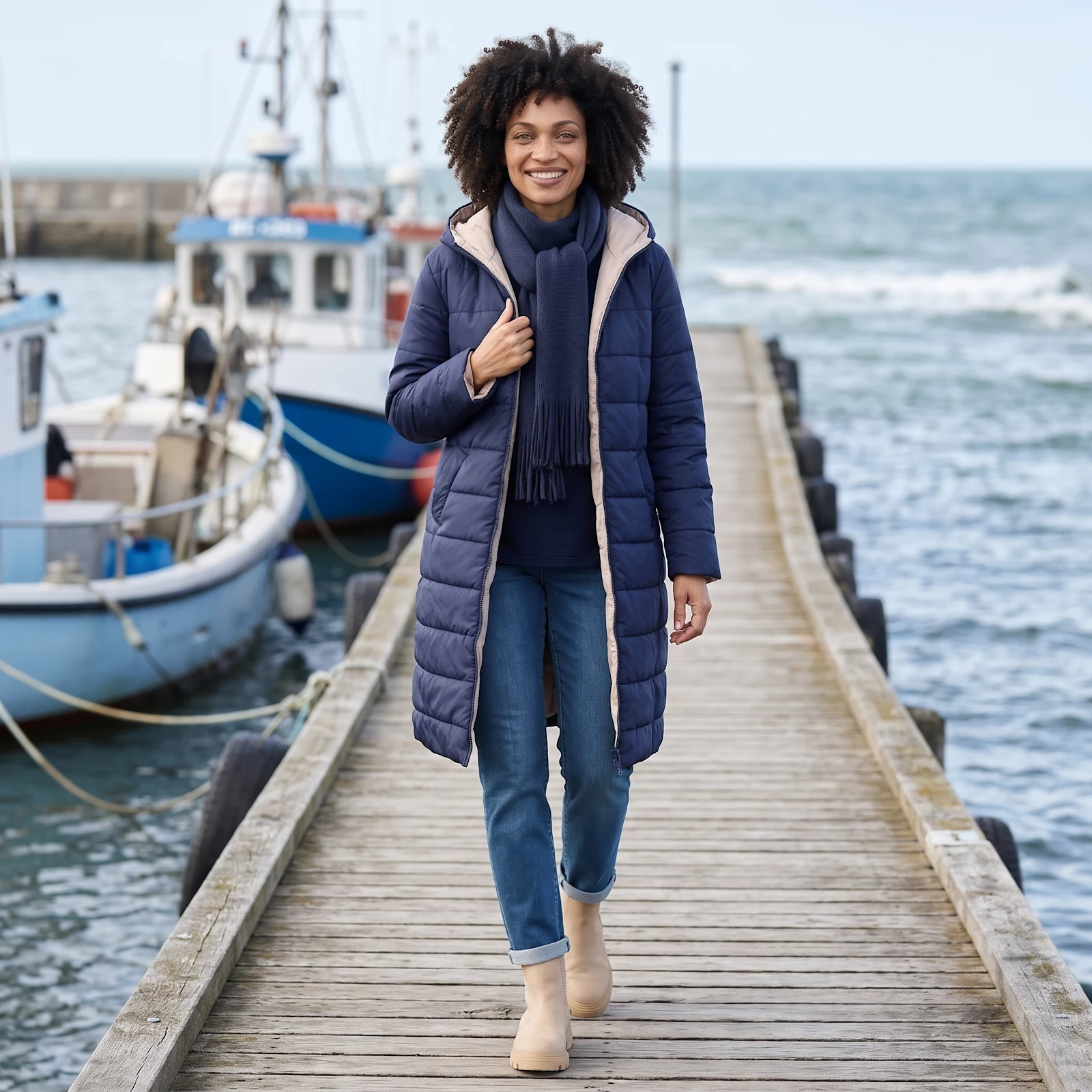 Frau mit leichter Strickjacke über einem maritimen Oberteil bei einem Spaziergang Frau mit leichter Strickjacke über einem maritimen Oberteil bei einem Spaziergang