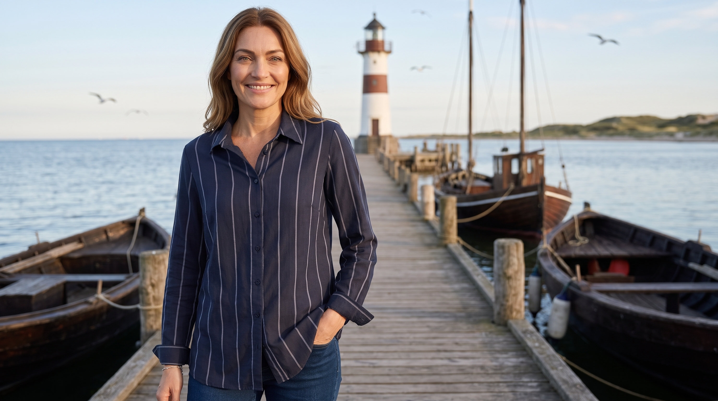 Frau bei einem entspannten Ausflug am Wasser in einem maritimen Alltagslook