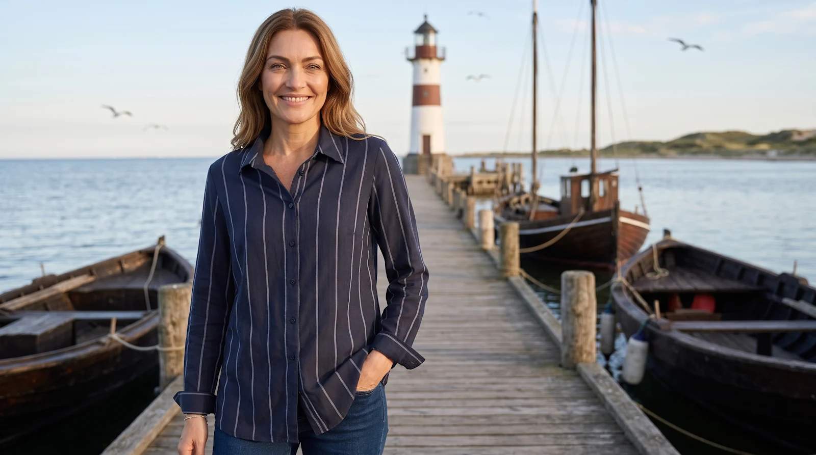 Frau bei einem entspannten Ausflug am Wasser in einem maritimen Alltagslook Frau bei einem entspannten Ausflug am Wasser in einem maritimen Alltagslook