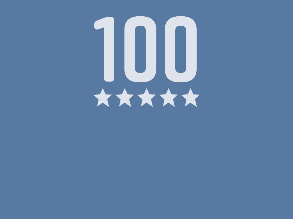 Číslo 100 s pěti hvězdami na modrém pozadí.