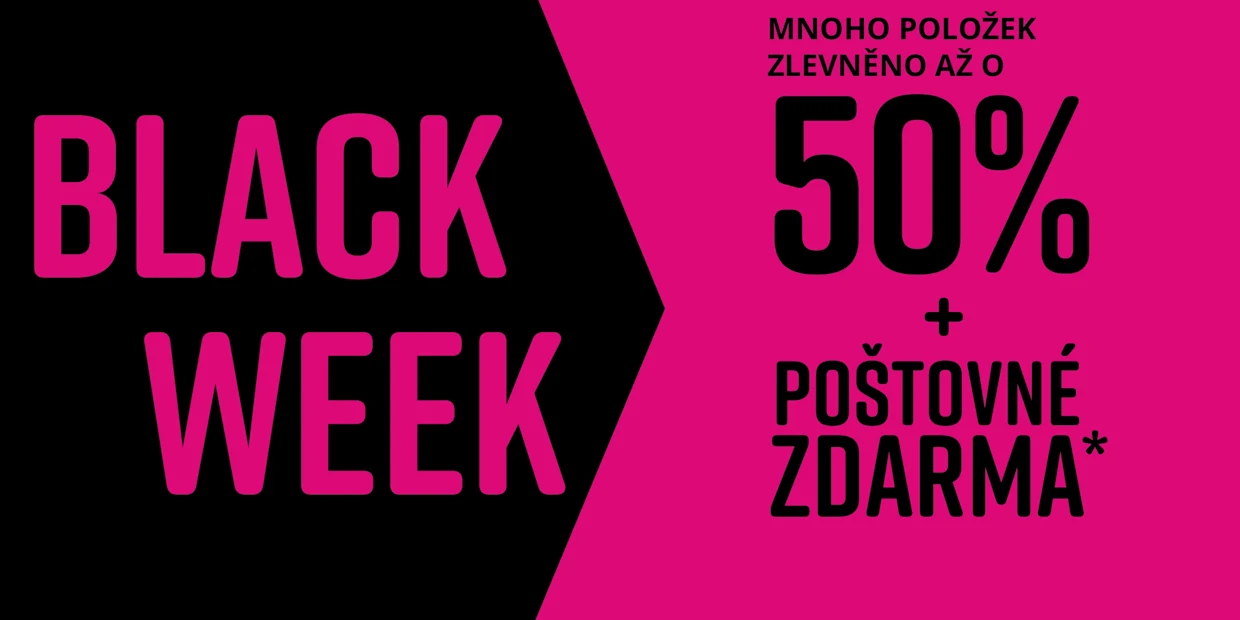 Černé a růžové pozadí pro Black Week. Text: MNOHO POLOŽEK ZLEVNĚNO AŽ O 50% + POŠTOVNÉ ZDARMA.