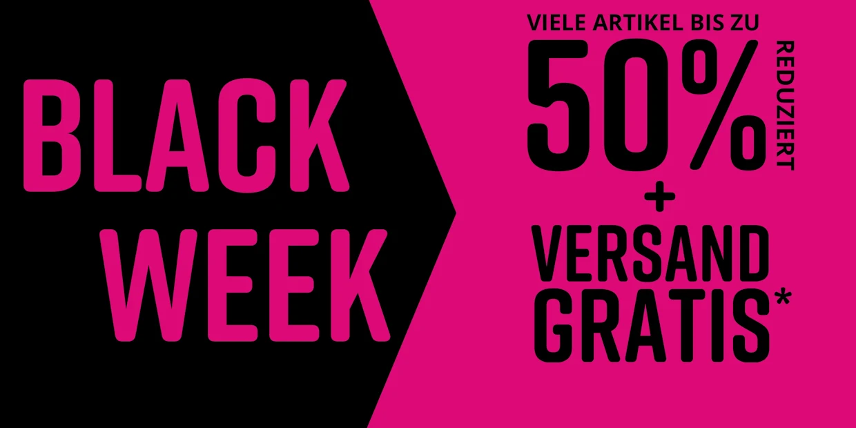 Schwarzer und pinkfarbener Hintergrund für Black Week. Text: VIELE ARTIKEL BIS ZU 50% REDUZIERT + VERSAND GRATIS.