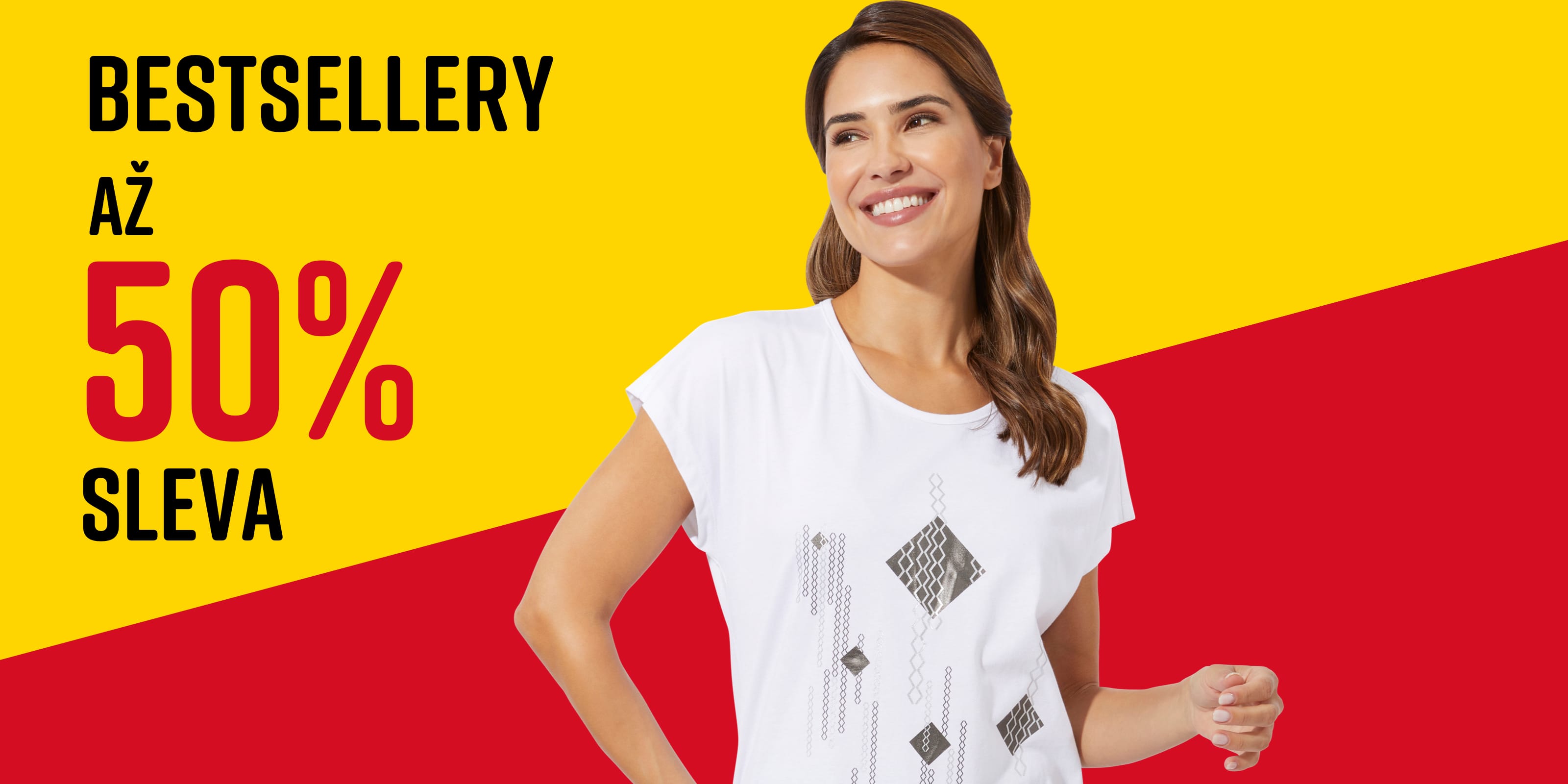 Text na obrázku: Bestsellery Až 50% sleva. Model nosí bílé tričko s geometrickým vzorem na žluto-červeném pozadí.