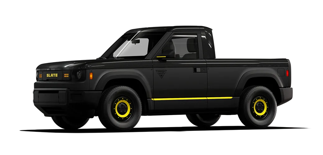Black Slate pickup with yellow decals on rocker and wheels.