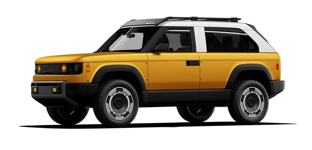 Yellow Fastback SUV with contrasting white roof, rack, and wheels.