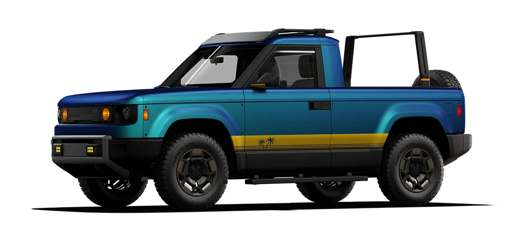 Slate Truck with blue wrap, decals, and roof racks.