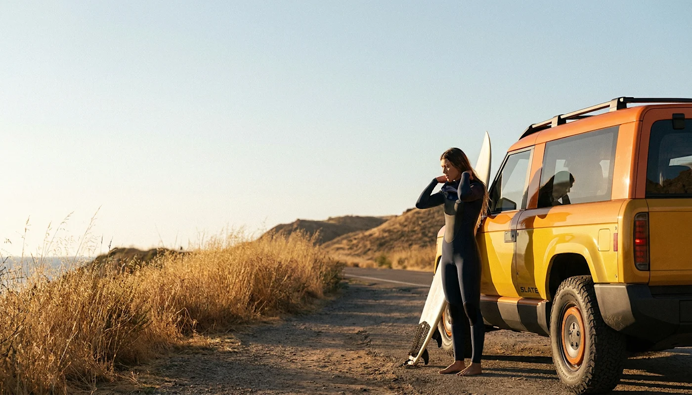 surfer at beach and cliffs with orange yellow SUV