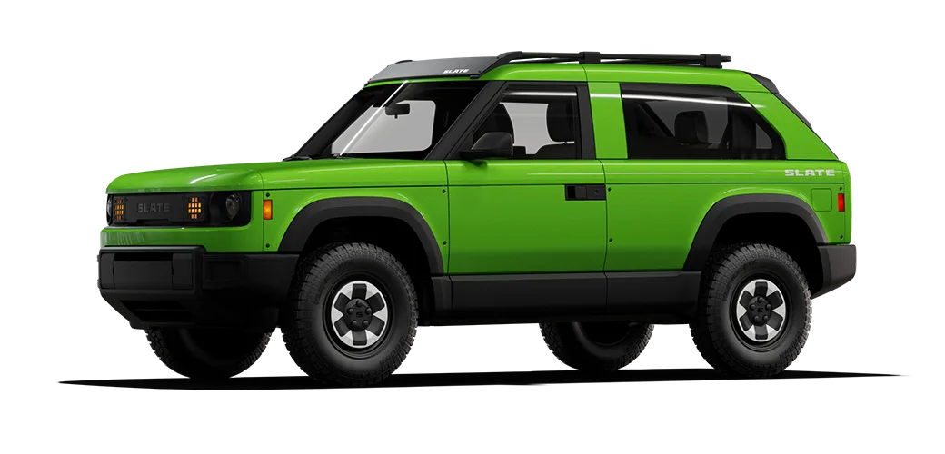 Lime green Fastback SUV with tires and a roof rack.