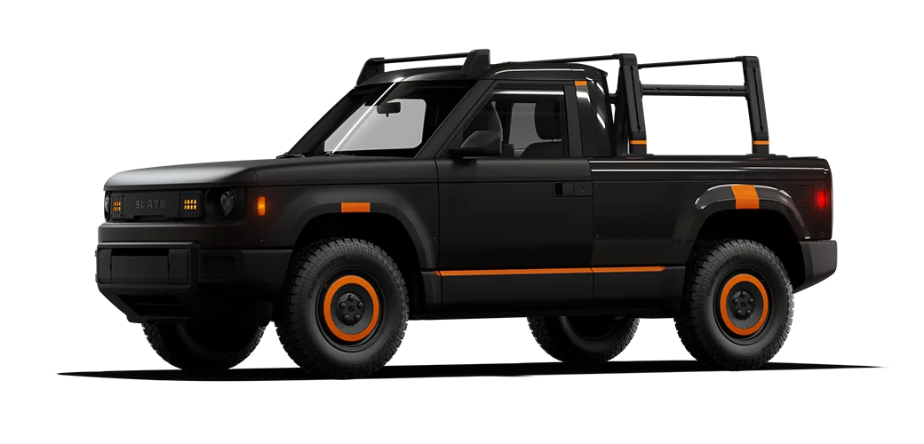 Slate Truck with dual-finish black and matte wrap with orange highlights and three cargo racks.