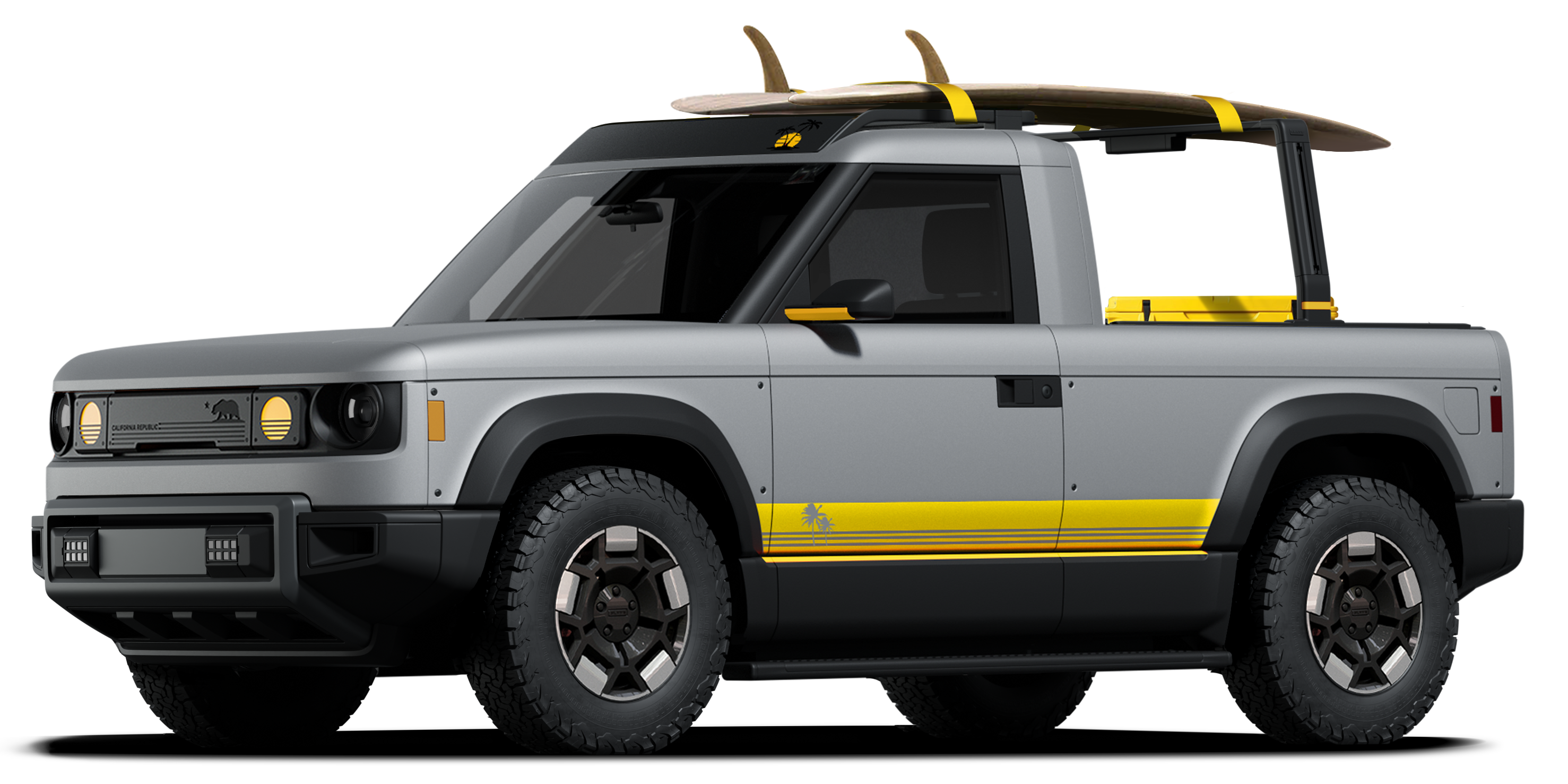 grey and yellow truck with surfboard