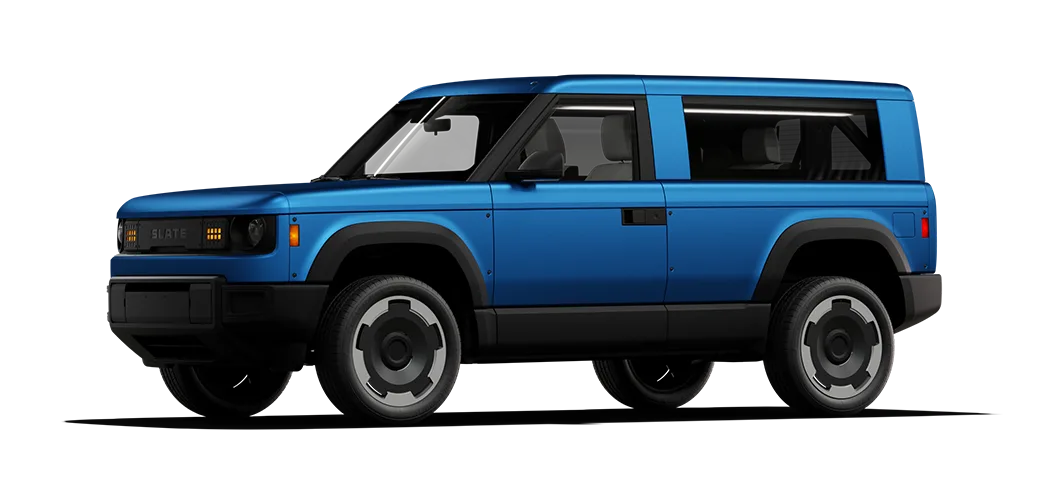 Blue Squareback SUV with accessory wheels.