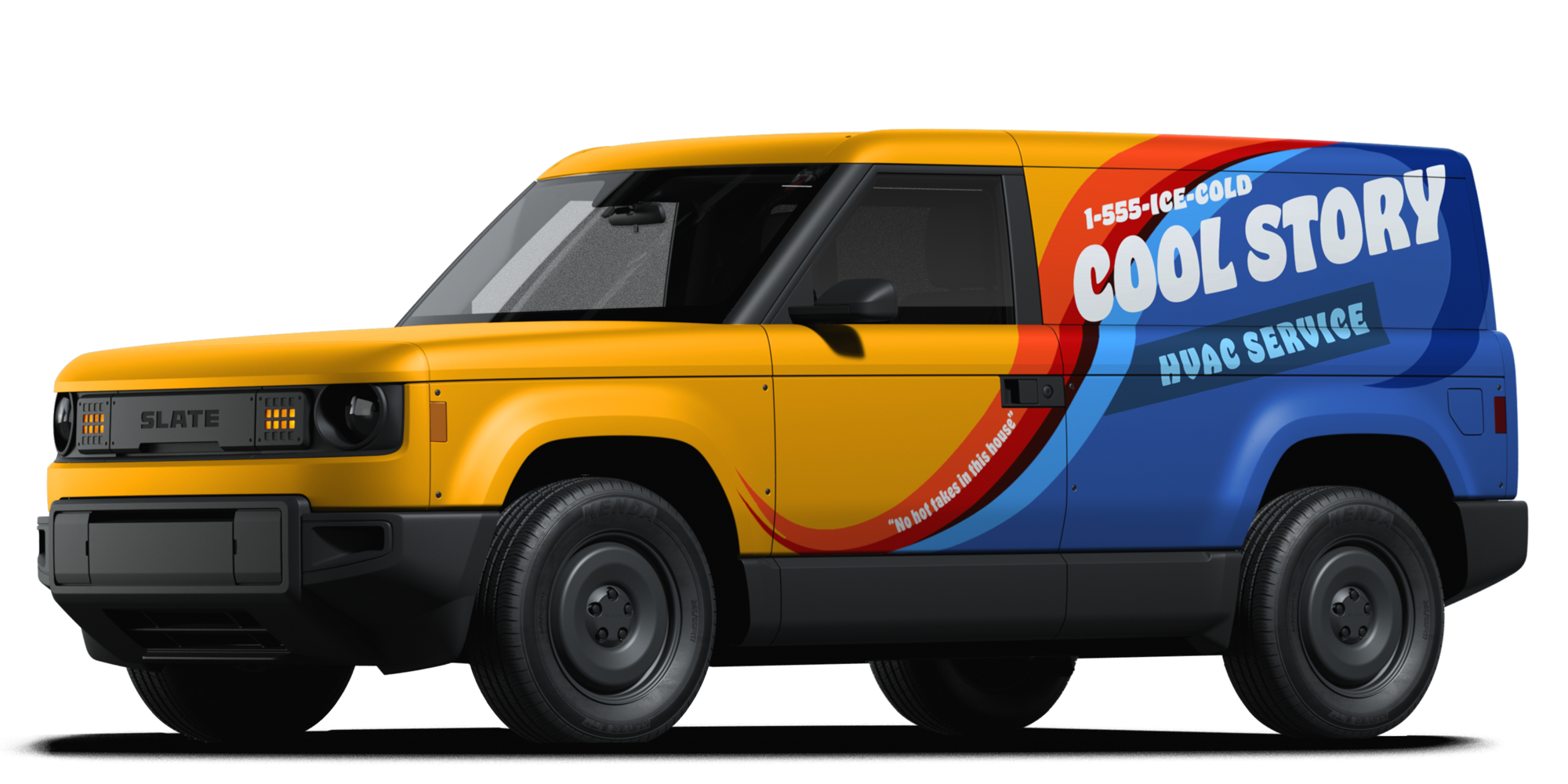 Blue and yellow Slate truck with fleet hard top