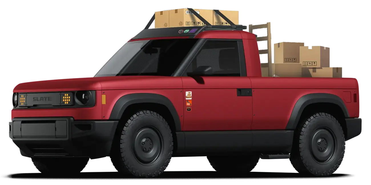 red truck loaded with boxes