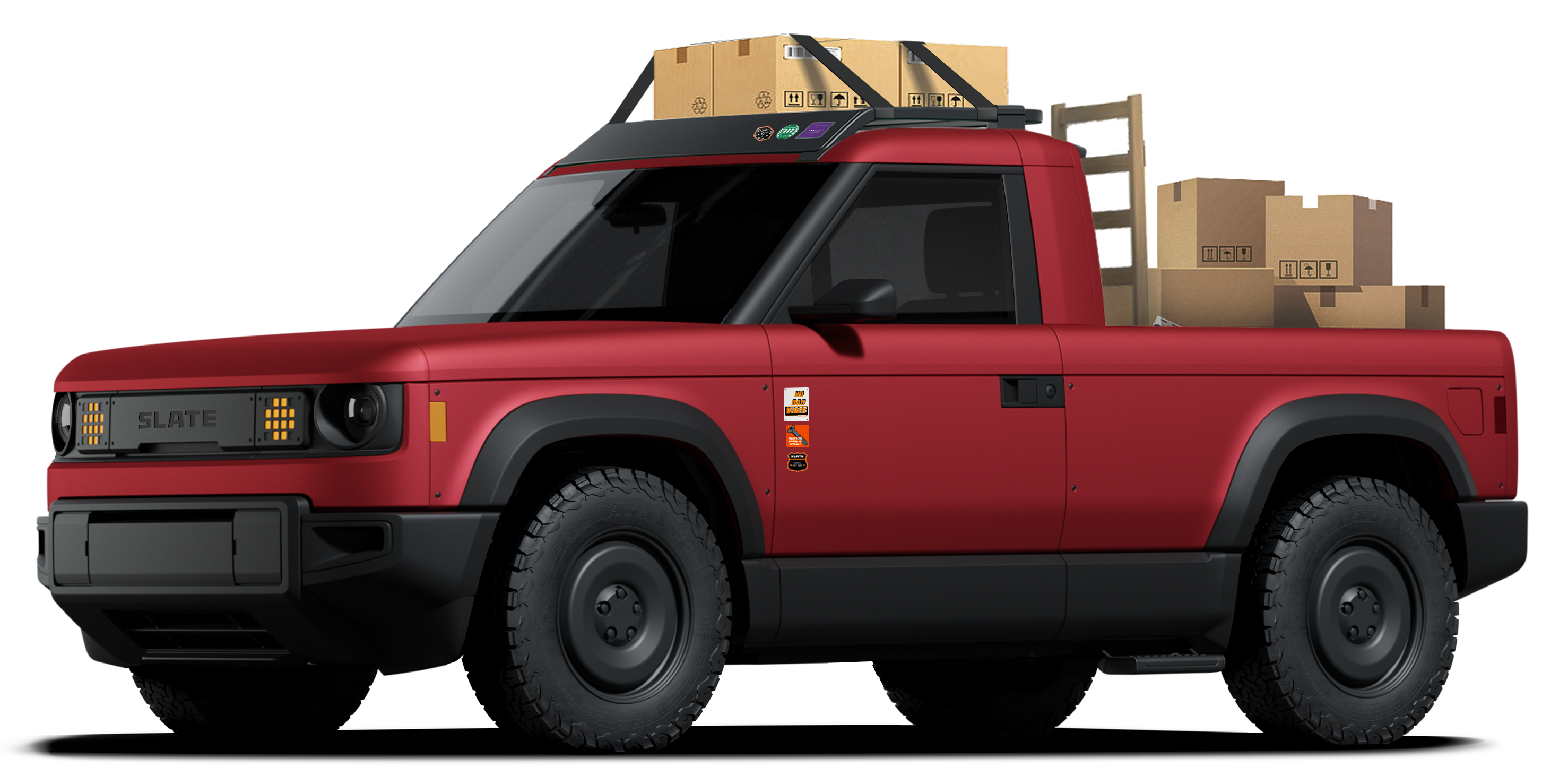 red truck loaded with boxes