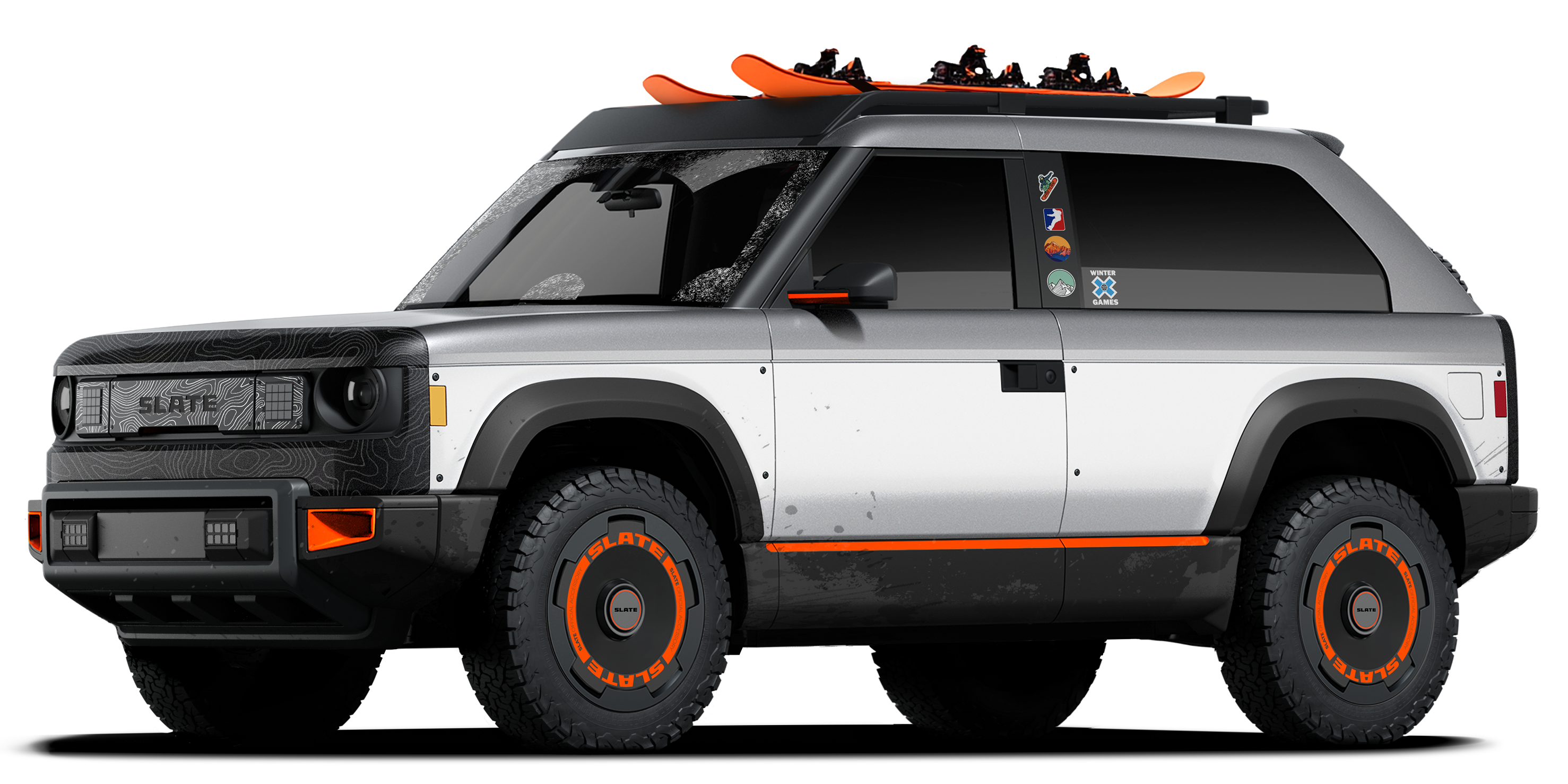 silver SUV fastback with snowboards