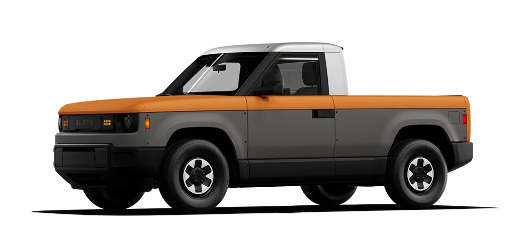 Slate truck with white and orange partial wrap