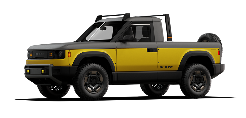 Yellow and gray Slate Truck with a lift kit, racks, and extra lighting, High Visibility starter pack