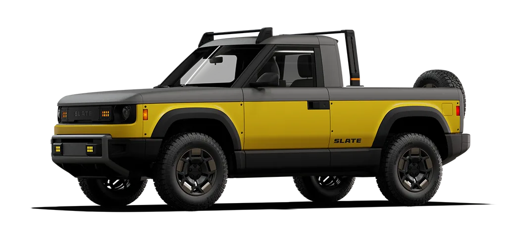 Yellow and gray Slate Truck with a lift kit, racks and extra lighting.