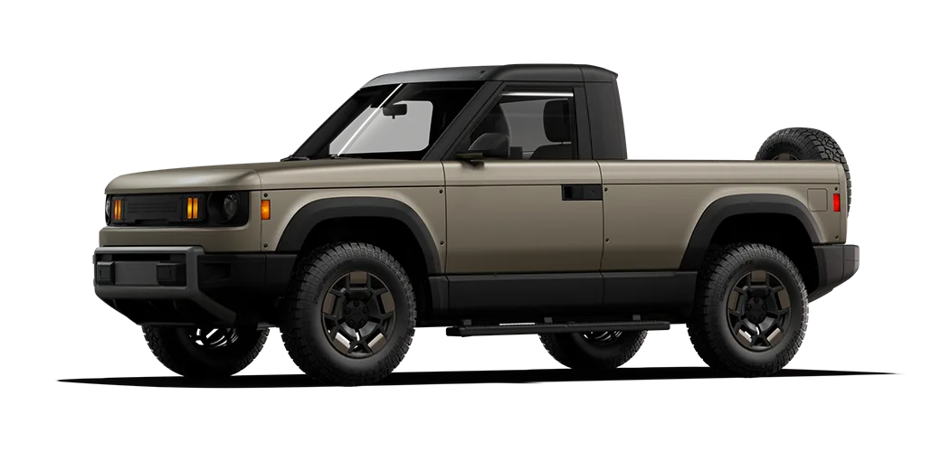 Slate Truck with a dusty gray wrap and spare tire carrier.