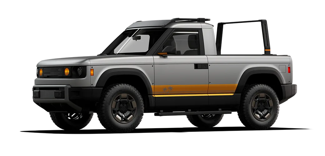 Silver Slate Truck with tower rack, roof rack and yellow accents.