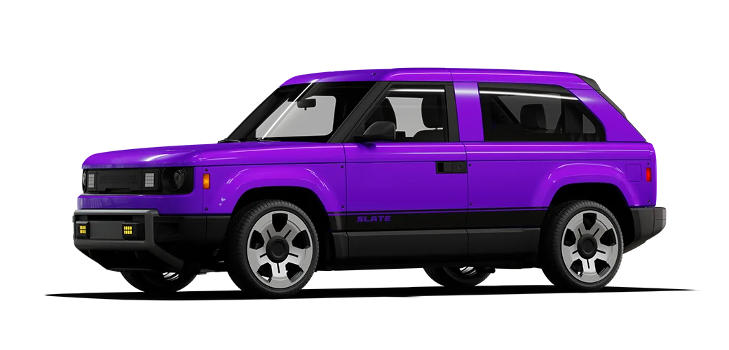 Gloss purple Fastback SUV with wheels and fog lights.