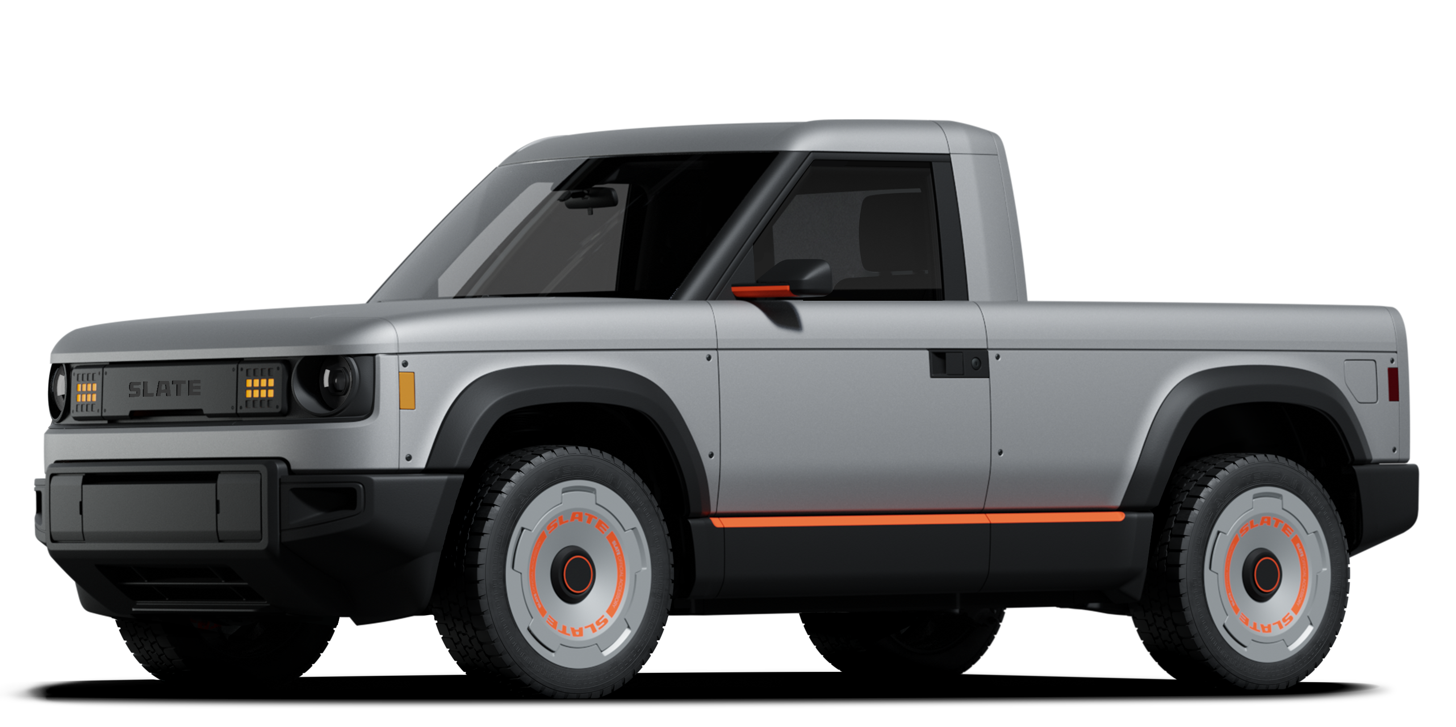 silver truck with orange stripe