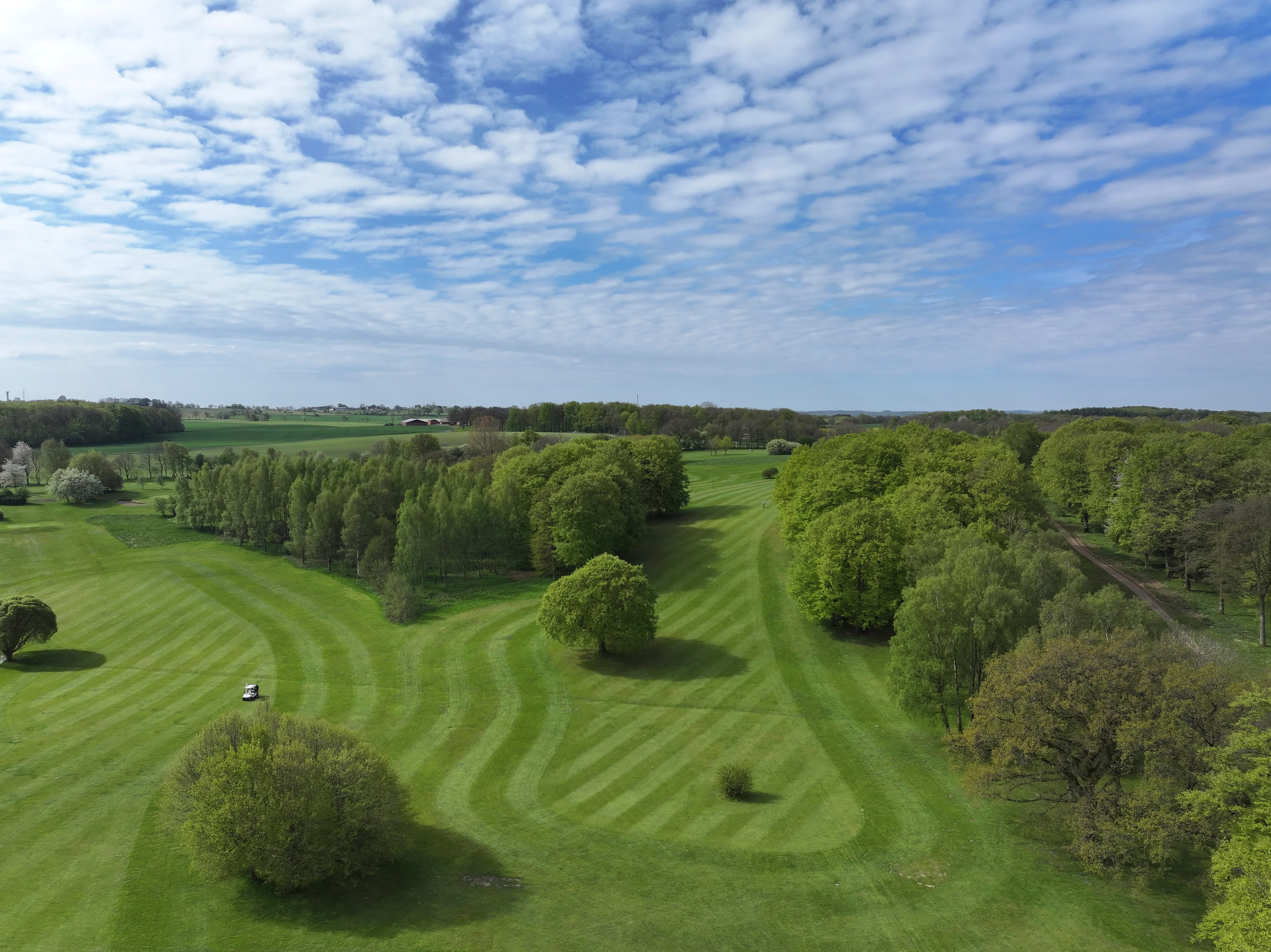 Romeleåsens Golfklubs golfbane under en blå himmel.