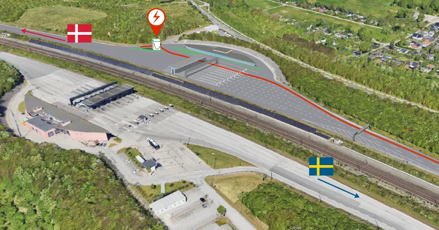 Kort med ladestanderen ved Øresundsbrons betalingsanlæg.