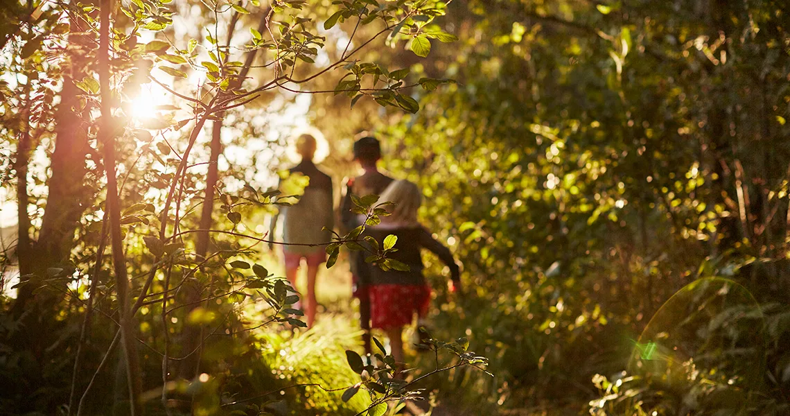 Børn går tur i skoven på en campingferie i Sydsverige.