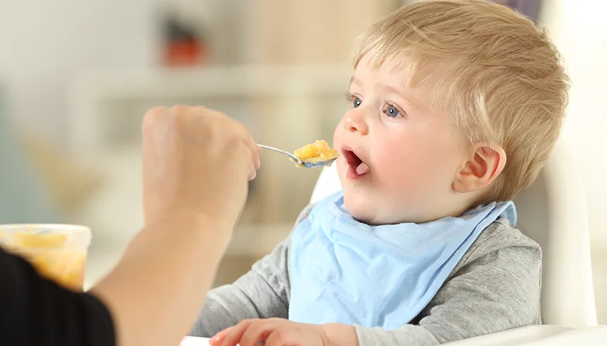Ett barn sitter i en barnstol och blir matad med sked. Man ser att en hand från en vuxen person håller i skeden. Barnet är ljushårigt och klätt i en grå tröja och en ljusblå haklapp.