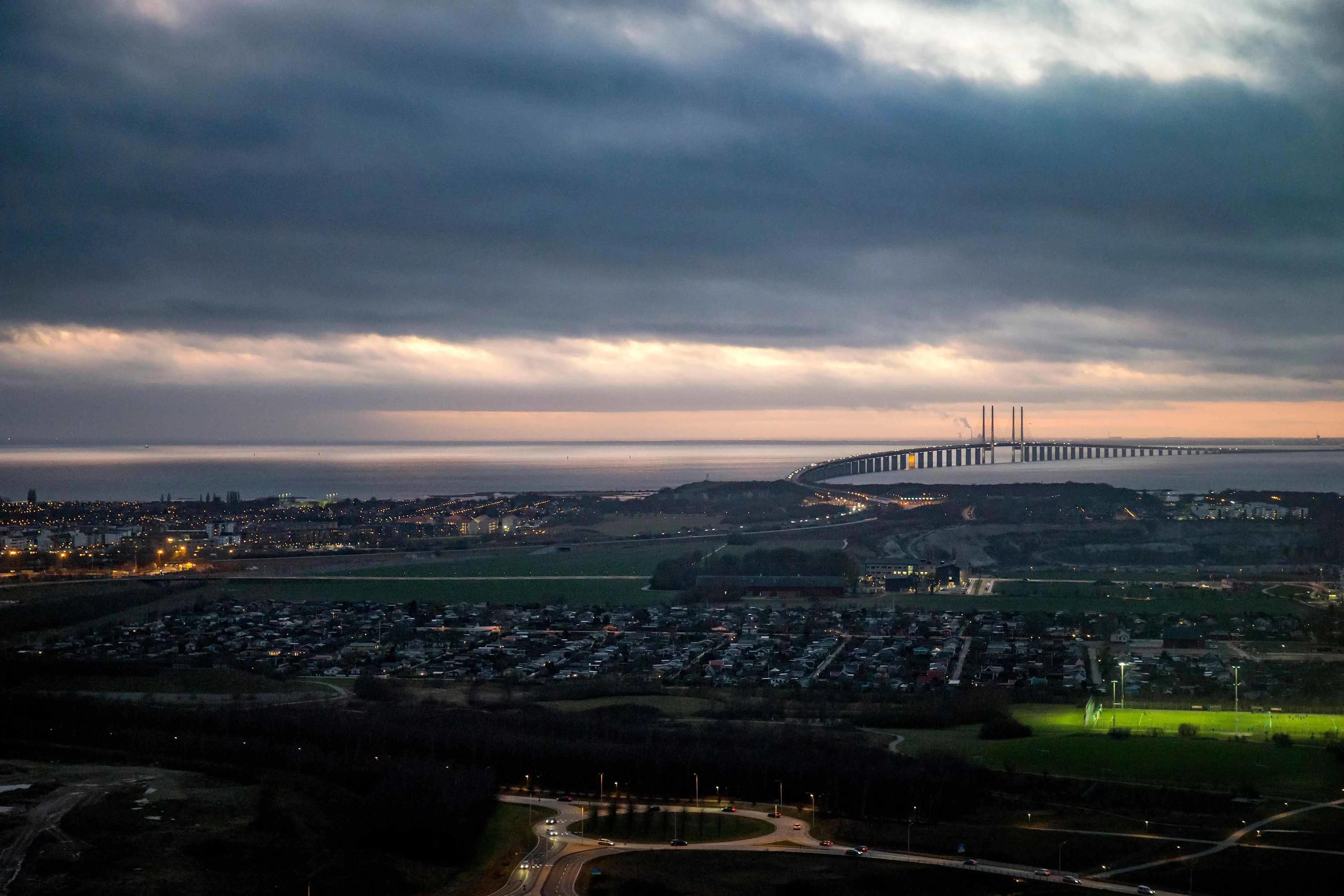Aerial photo of the Öresund Region with Malmö and the Øresund Bridge closest.