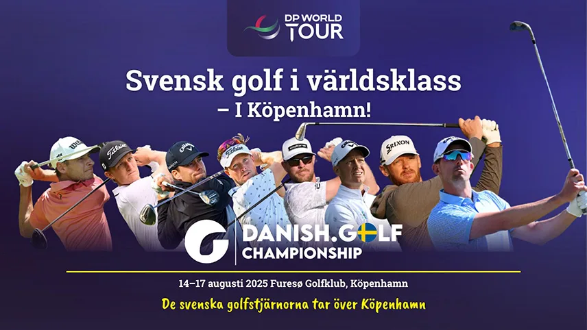 Pressbild från golfturneringen med golfspelare i mitten, logga och texten "Svensk konst i världsklass - i Köpenhamn!"