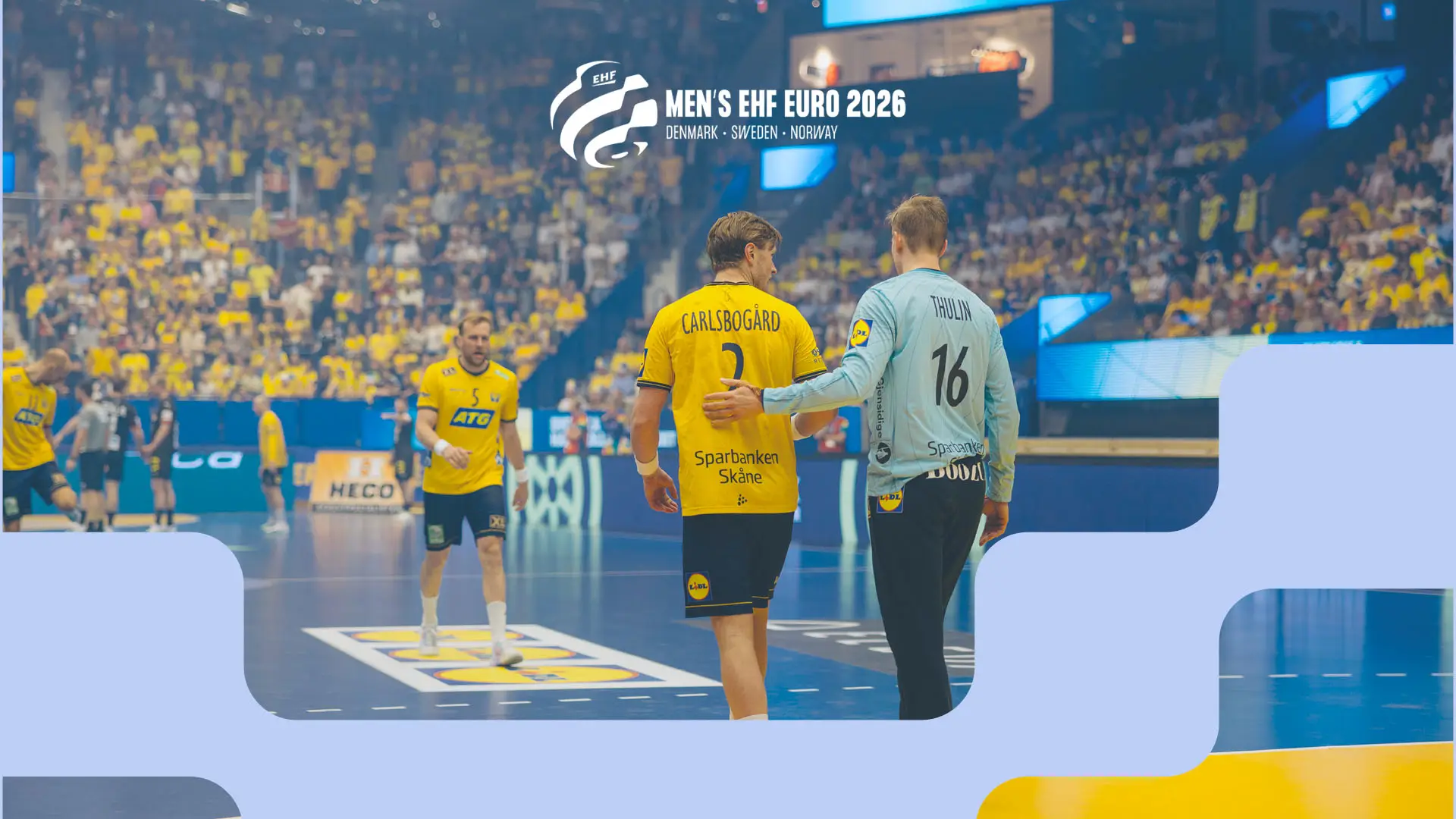 Billede til håndbod EM 2026 af to svenske spillere på banen.