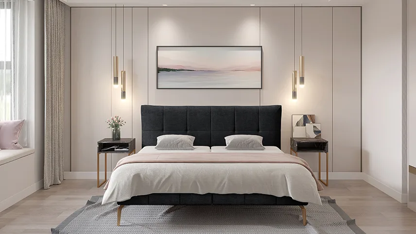 XXXLutz senge-udstilling med enkle farver, fine lamper og dobbeltseng.