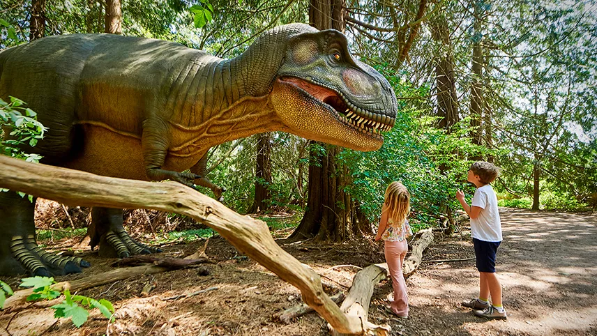 Två barn tittar på T-rex i dinosaurieskogen.