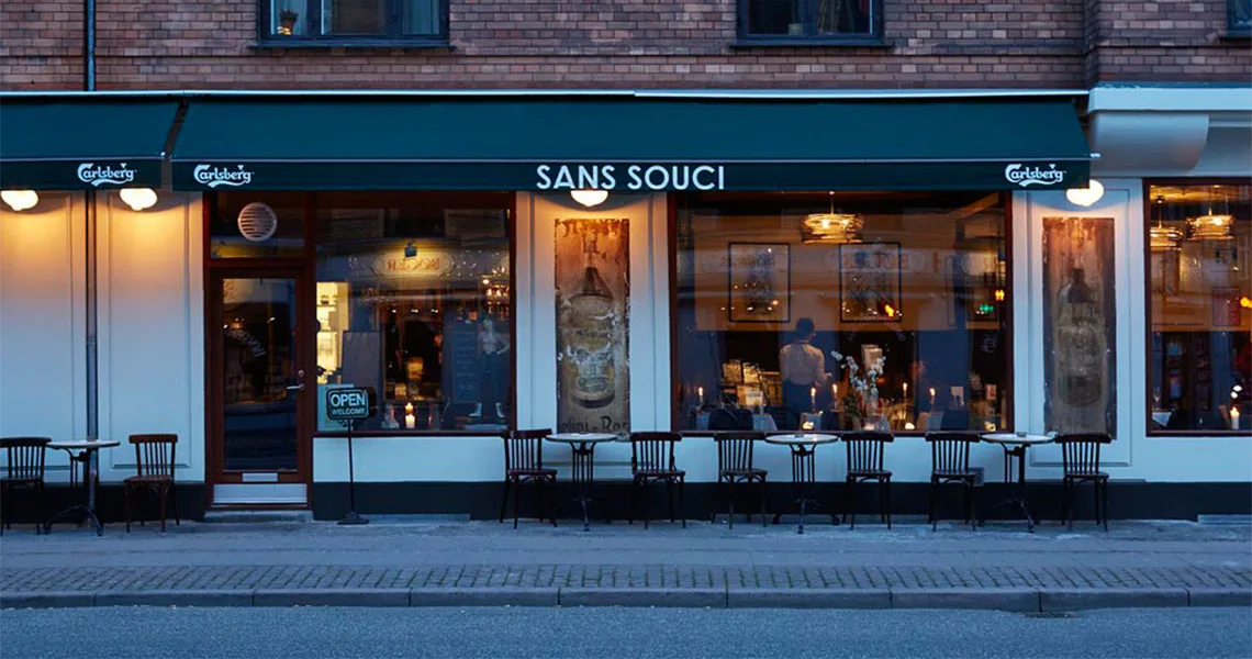 Utsidan på Restaurant Sans Souci på Frederiksberg.