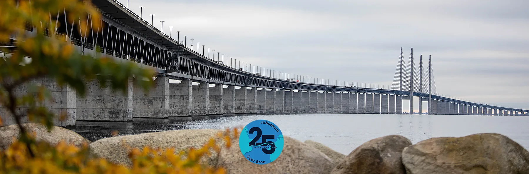 Øresundsbron med färgade höstlöv och stenar i förgrunden, havsvy i riktning mot Danmark och jubileumslogga för 25 årsjubileum.