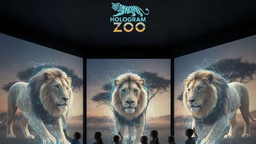 Tre lejon i hologram som springer på en savann