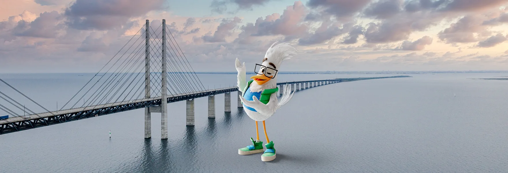 Topbanner på for ØresundGO med maskotten Gustav stående.