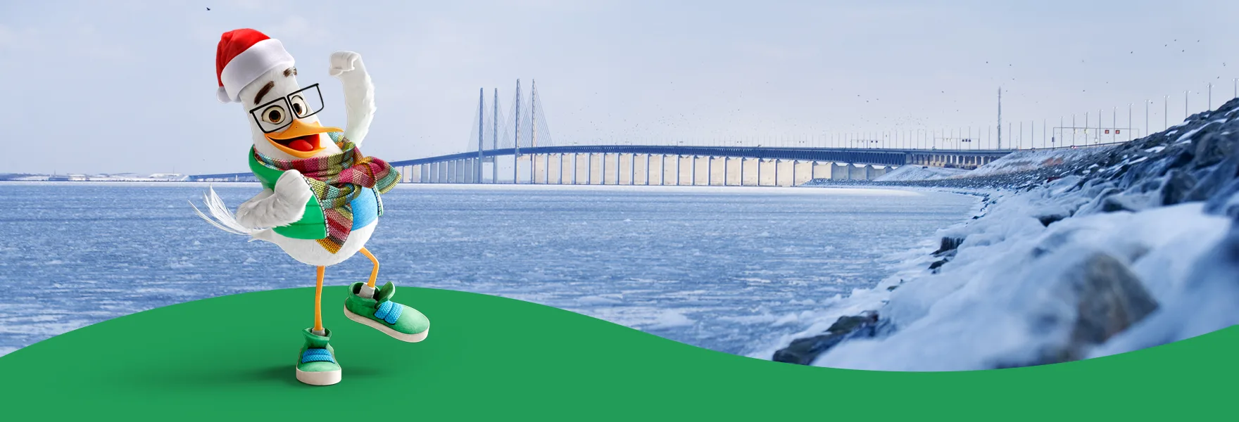 Topbanner på for ØresundGO med maskotten Gustav stående.