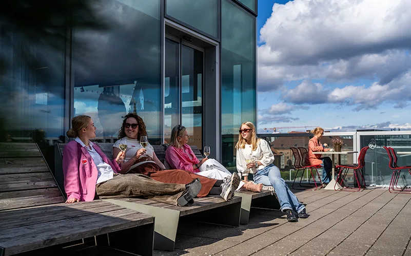 Bild från DAC:s takterrass. Gäster sitter på bänkar på takterrassen med varsitt glas i solen.