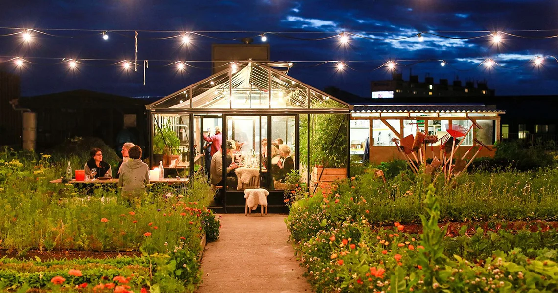 Ett växthus fullt av människor som äter middag omgiven av frodig grönska i en trädgård på kvällen under upphängda ljusslingor.
