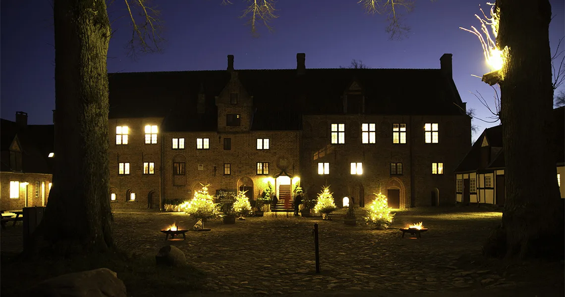 Julgranar med julbelysning framför Esrums Kloster.