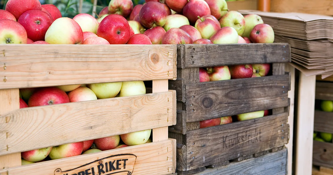 Æbler i kasser på Ängavallens gård. 